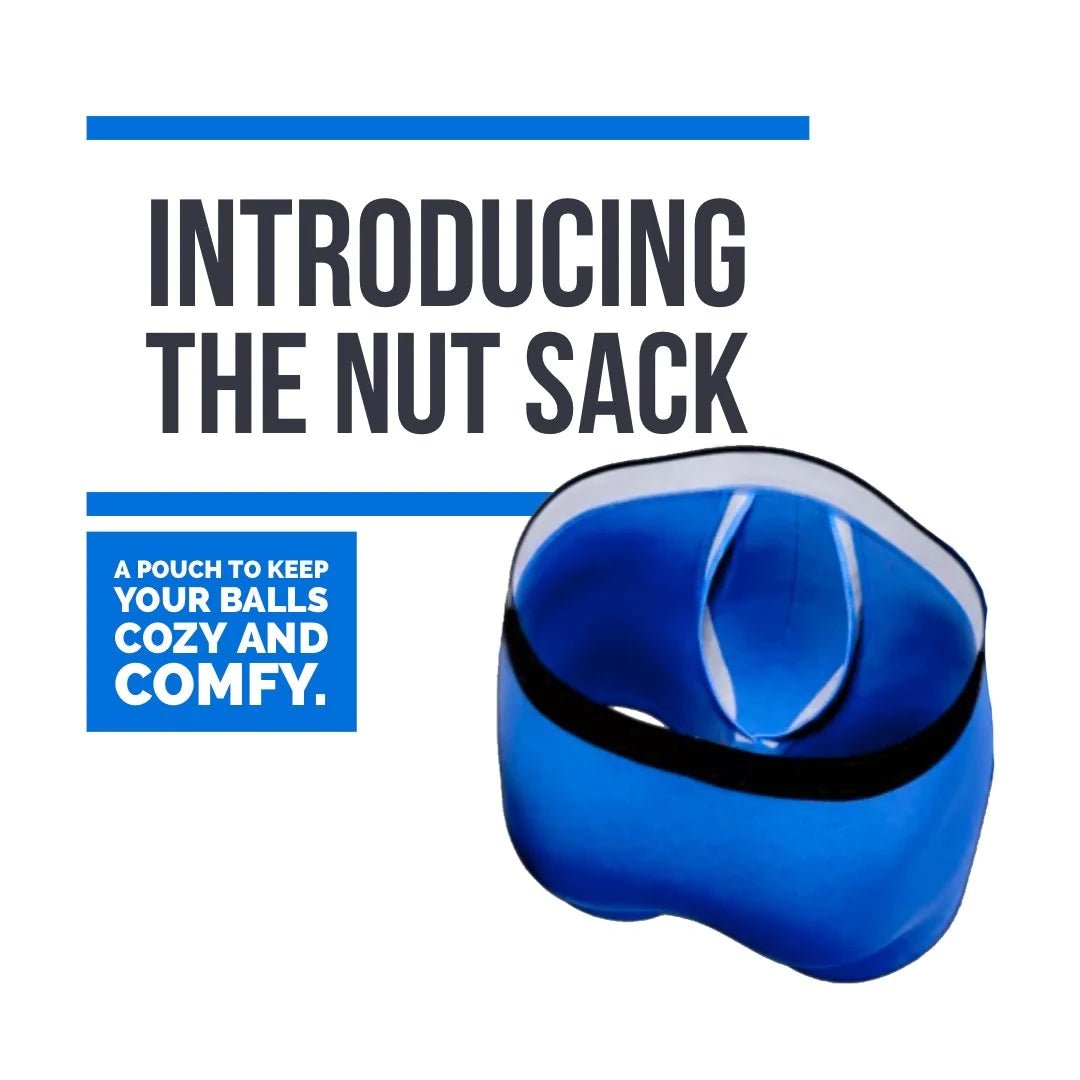 Blue boxer brief underwear pouch opened with a label 'The Nut Sack' on a white background with black text. "A Pouch to keep your balls cozy and comfy".