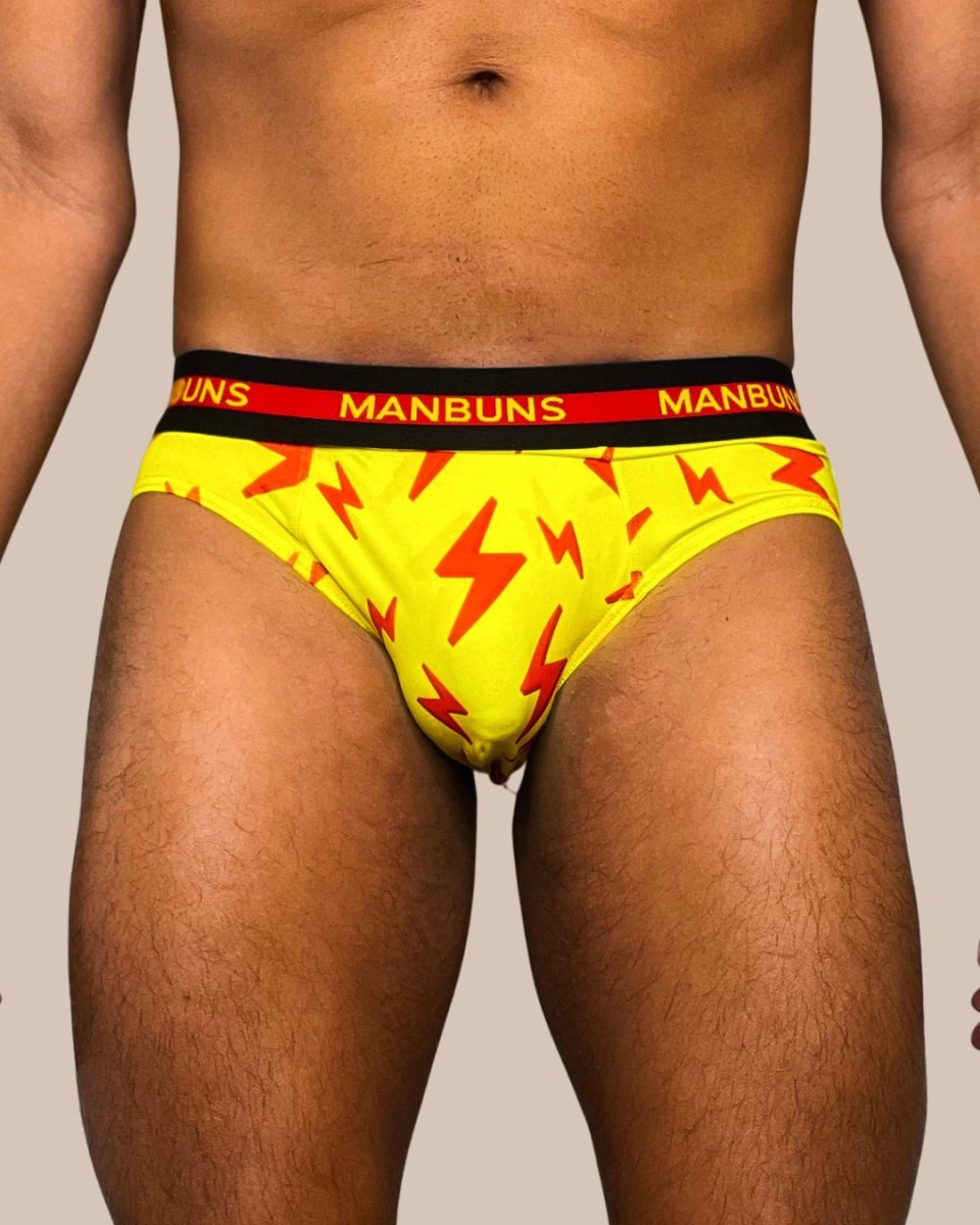 Men's Yellow and Red Lightning Bolt Briefs Underwear and Sock Set - MANBUNS Underwear & Socks Free Shipping