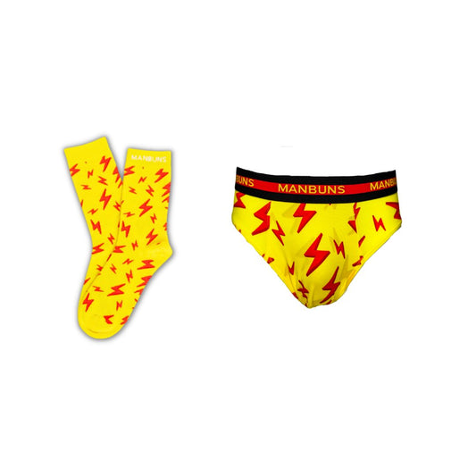 Men's Yellow and Red Lightning Bolt Briefs Underwear and Sock Set - MANBUNS Underwear & Socks Free Shipping