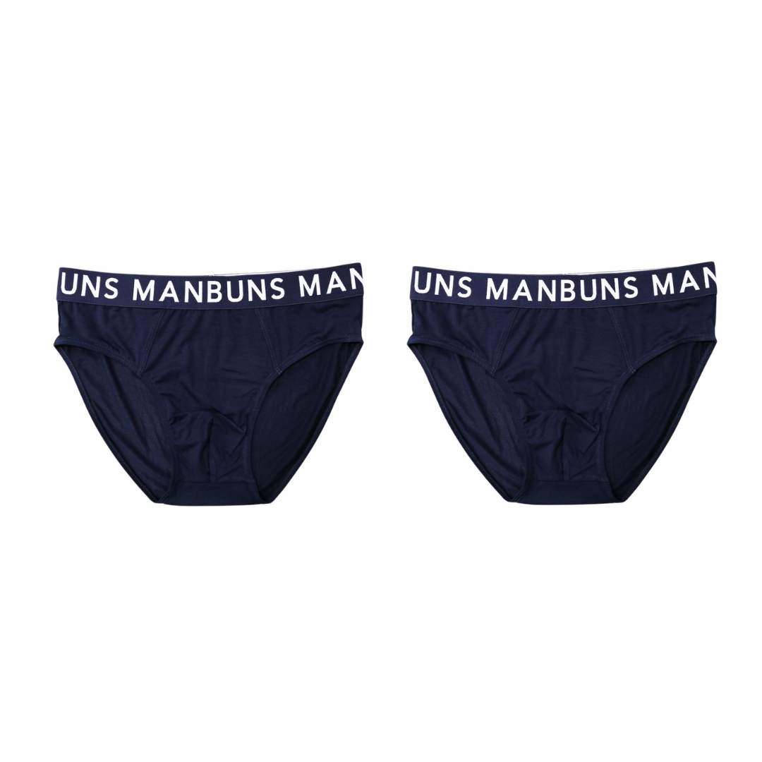 2 midnight navy blue manbuns briefs in front of a white background. 